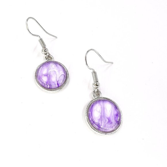 Handmade Jewelry - New / Handcrafted - Round Purple Paint Skin Silver Tone Fishhook Earrings
